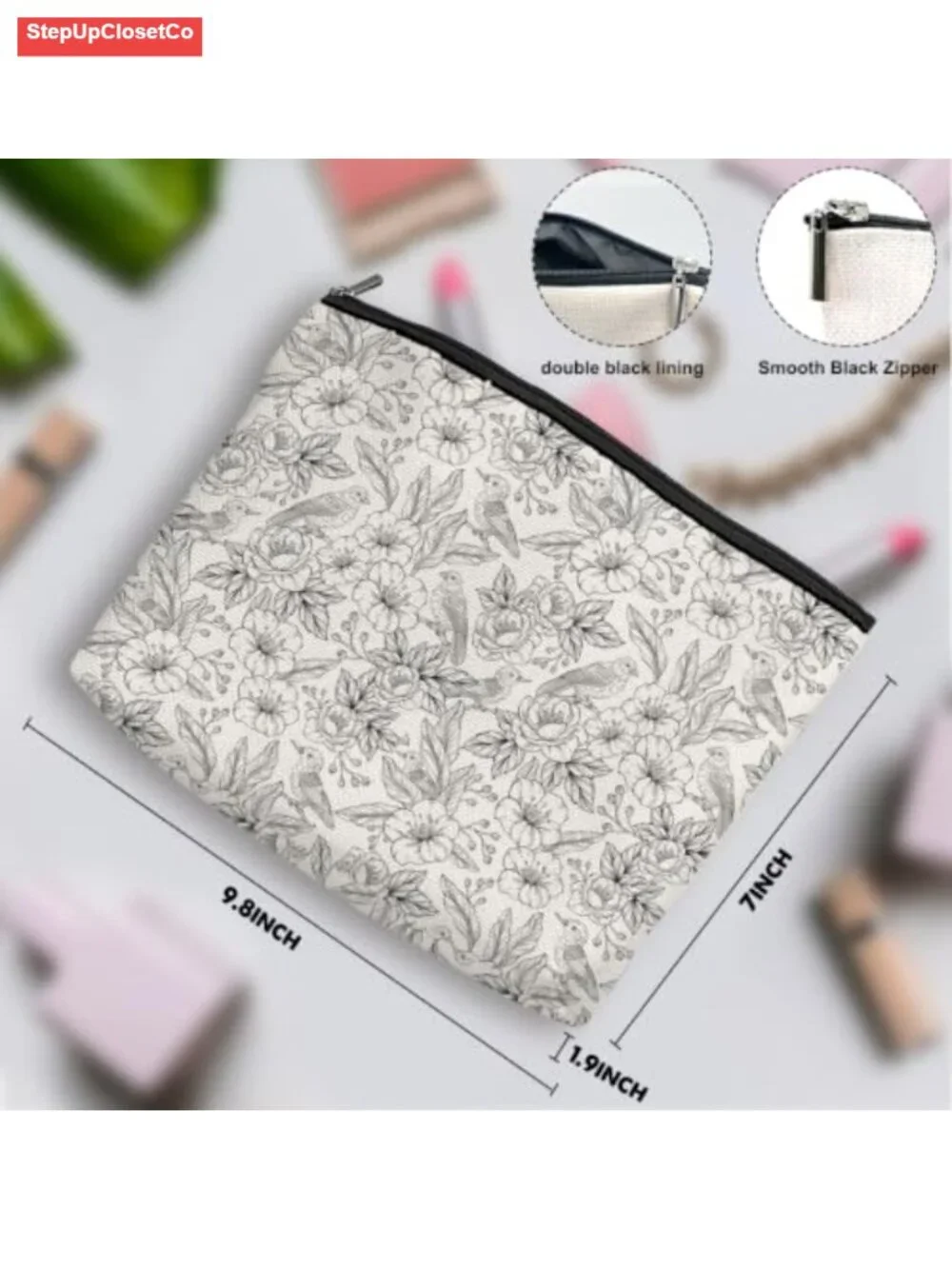 Boho Makeup Bag with Line Art Floral Bird - Cotton Linen Cosmetic Pouch